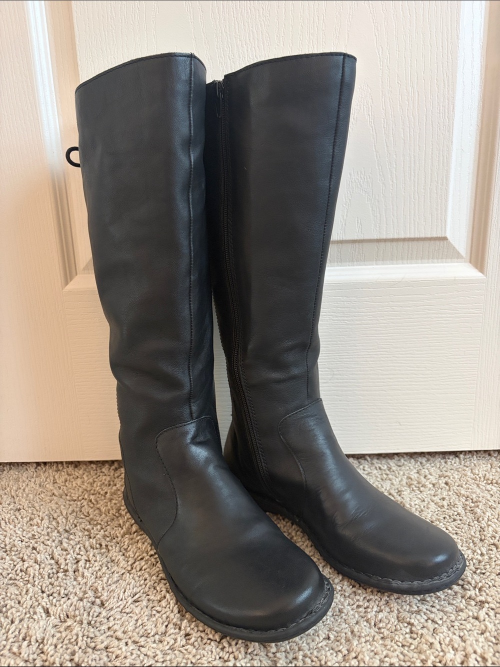 Børn Black Leather Knee-High Riding Boots Zip Size 8M EUC